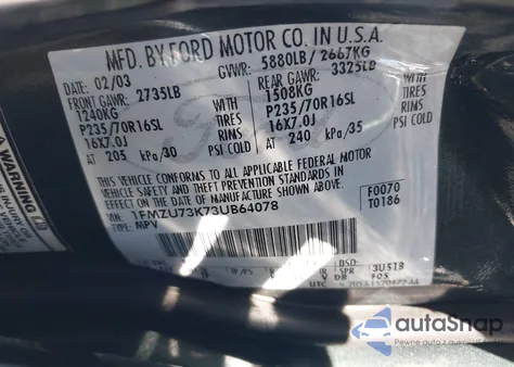 2003 Ford Explorer Nbx/Xlt from USA, damaged, VIN 1FMZU73K73UB64078